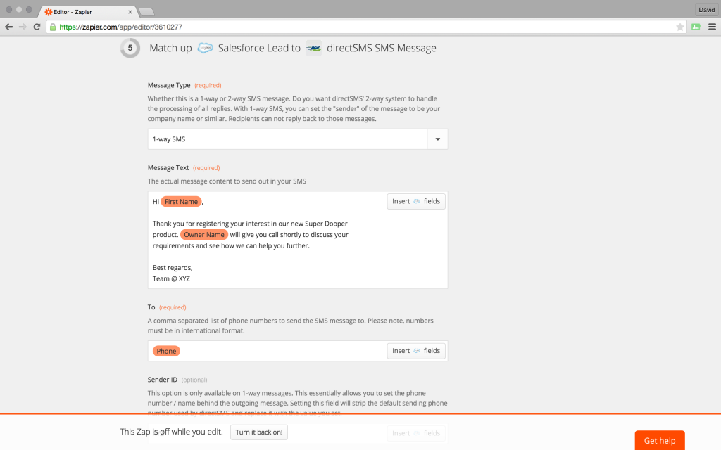 Populate outbound SMS fields